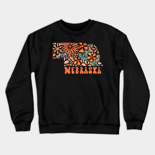 Nebraska State Design | Artist Designed Illustration Featuring Nebraska State Outline Filled With Retro Flowers with Retro Hand-Lettering Crewneck Sweatshirt